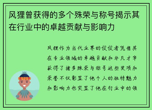 风狸曾获得的多个殊荣与称号揭示其在行业中的卓越贡献与影响力